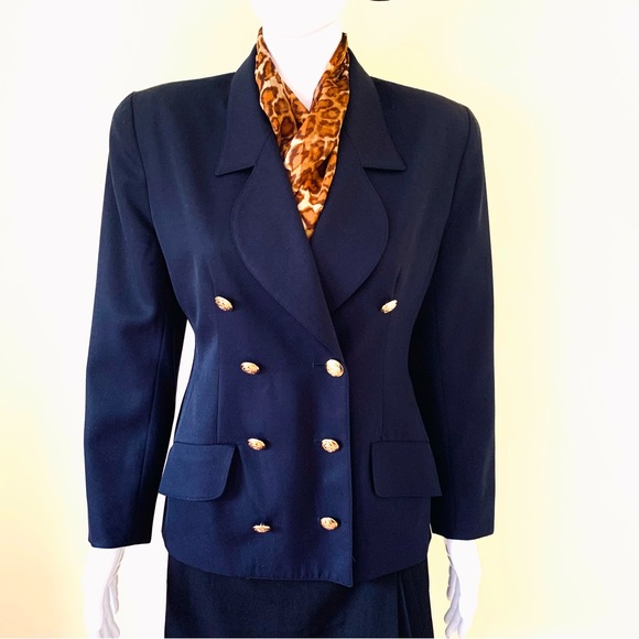Navy blue pure virgin wool long blazer double breasted collar gold metal buttons - Picture 1 of 15